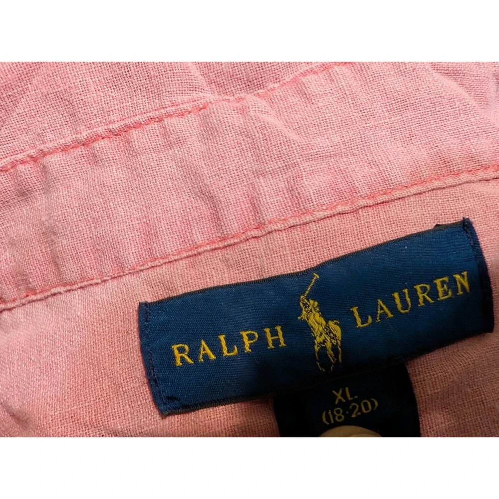 Ralph Lauren Boys XL 18-20 Pink Linen Cotton Short Sleeve Button Down Shirt